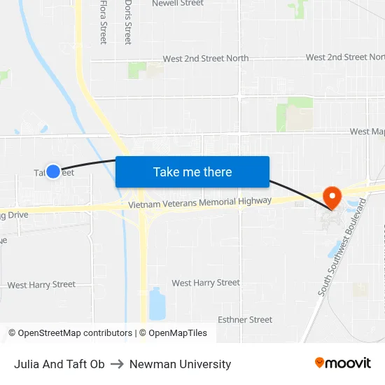 Julia And Taft Ob to Newman University map