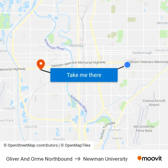 Oliver And Orme Northbound to Newman University map