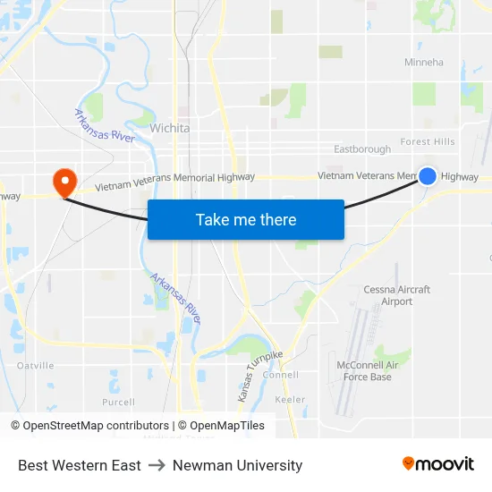 Best Western East to Newman University map