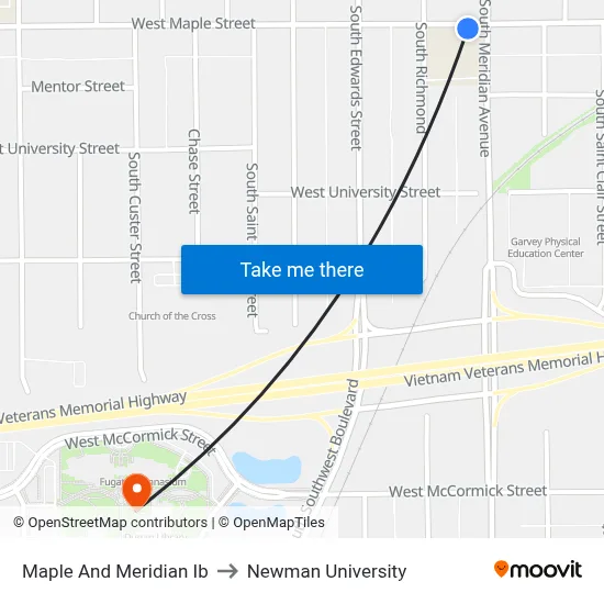 Maple And Meridian Ib to Newman University map