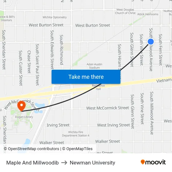 Maple And Millwoodib to Newman University map