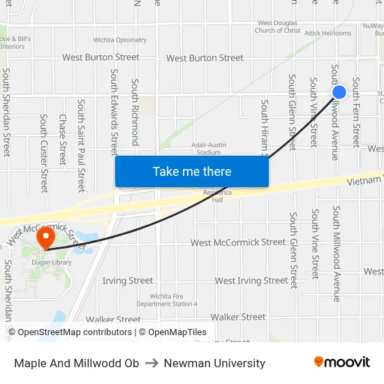 Maple And Millwodd Ob to Newman University map