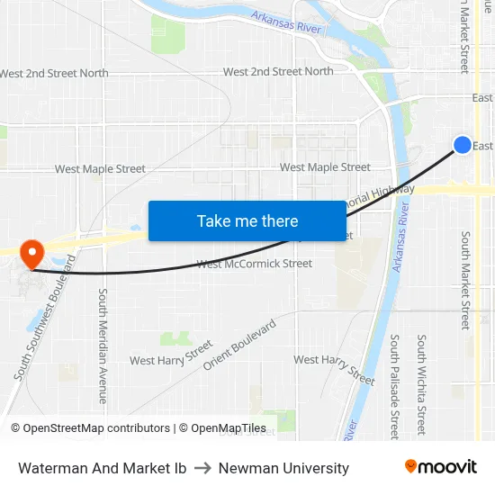 Waterman And Market Ib to Newman University map