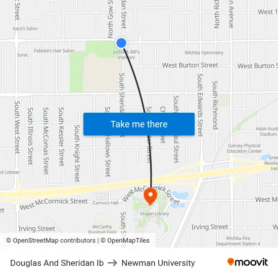 Douglas And Sheridan Ib to Newman University map