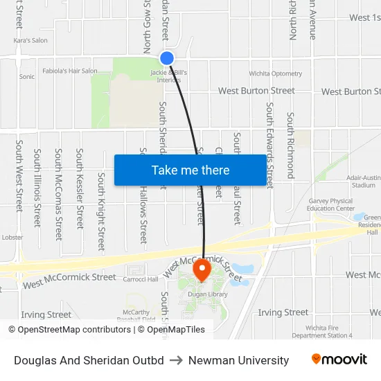 Douglas And Sheridan Outbd to Newman University map