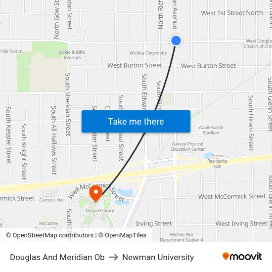 Douglas And Meridian Ob to Newman University map