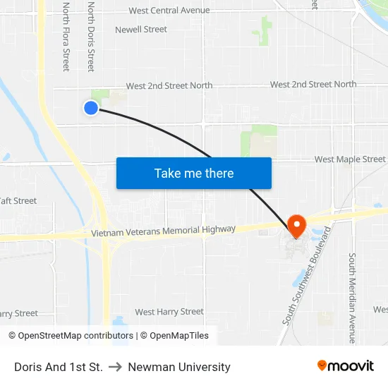 Doris And 1st St. to Newman University map