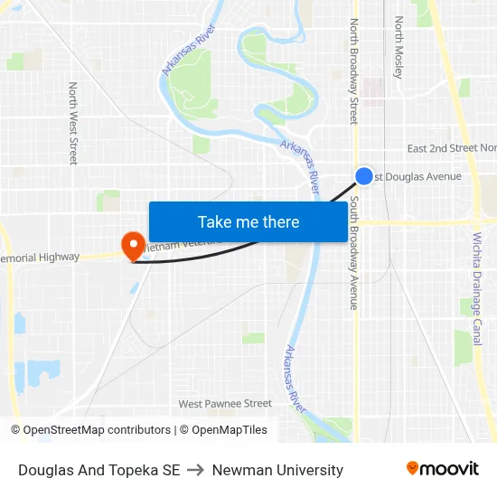 Douglas And Topeka SE to Newman University map