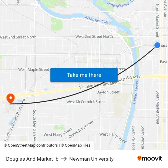 Douglas And Market Ib to Newman University map