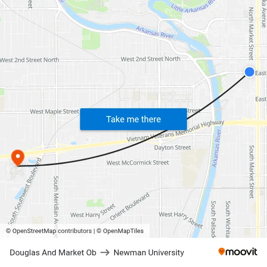 Douglas And Market Ob to Newman University map