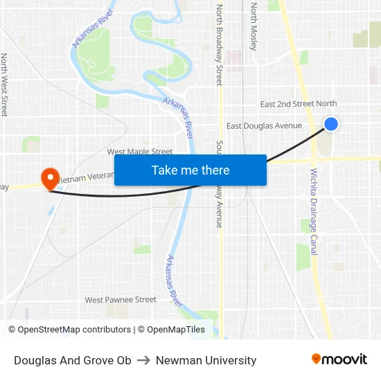 Douglas And Grove Ob to Newman University map