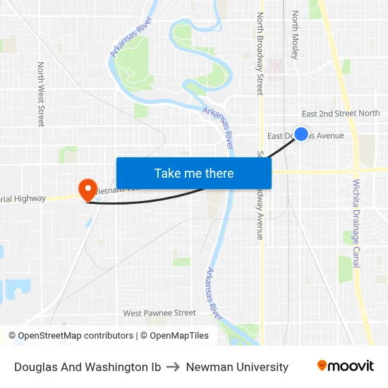 Douglas And Washington Ib to Newman University map