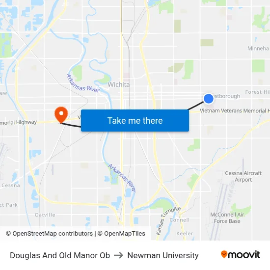 Douglas And Old Manor Ob to Newman University map