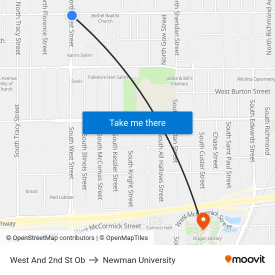 West And 2nd St Ob to Newman University map
