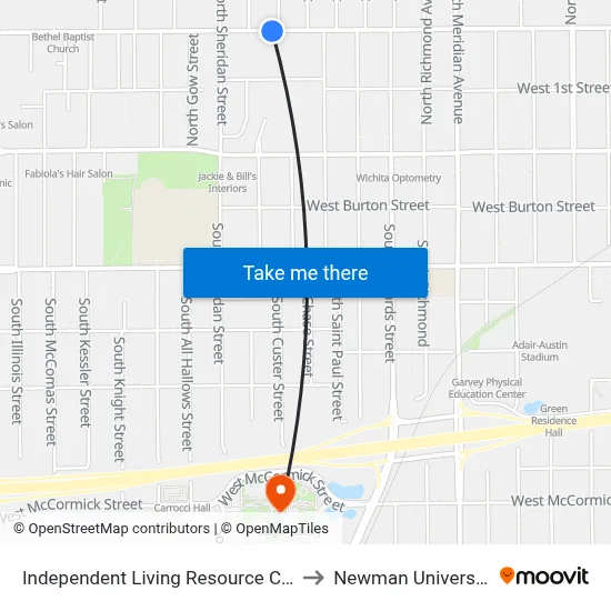 Independent Living Resource Cen to Newman University map