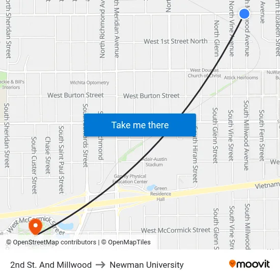 2nd St. And Millwood to Newman University map