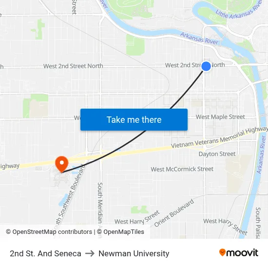 2nd St. And Seneca to Newman University map