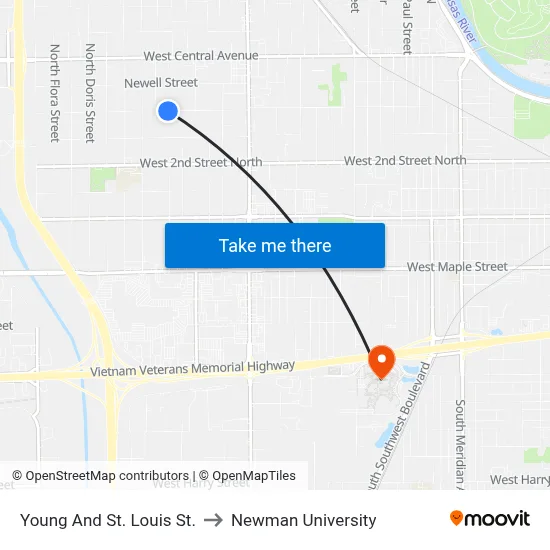 Young And St. Louis St. to Newman University map