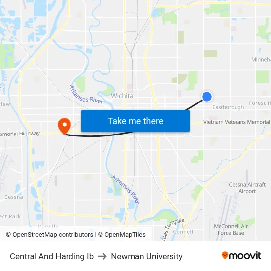 Central And Harding Ib to Newman University map
