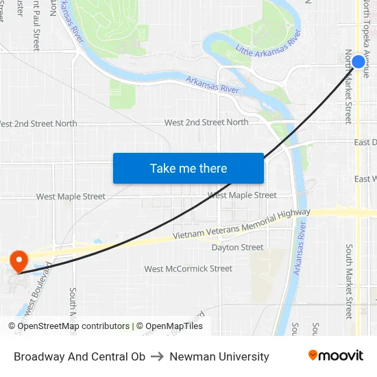 Broadway And Central Ob to Newman University map