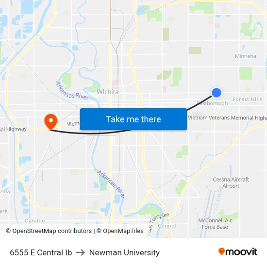 6555 E Central Ib to Newman University map