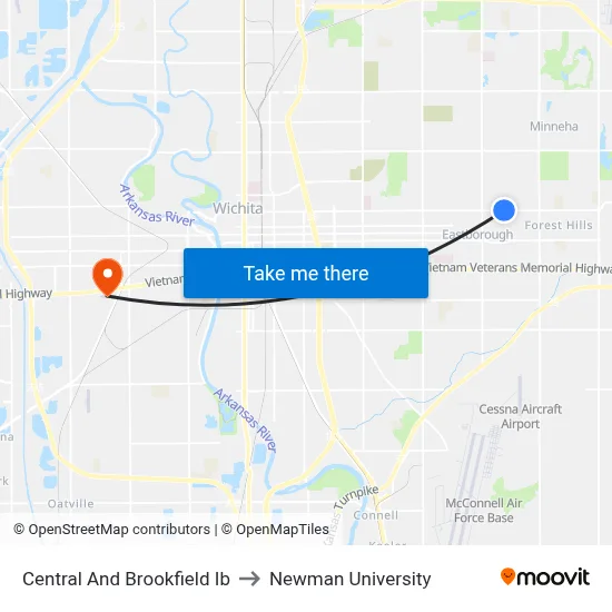 Central And Brookfield Ib to Newman University map