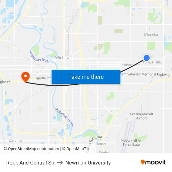 Rock And Central Sb to Newman University map