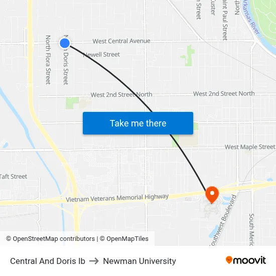 Central And Doris Ib to Newman University map