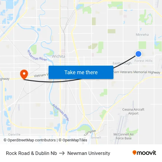 Rock Road & Dublin Nb to Newman University map