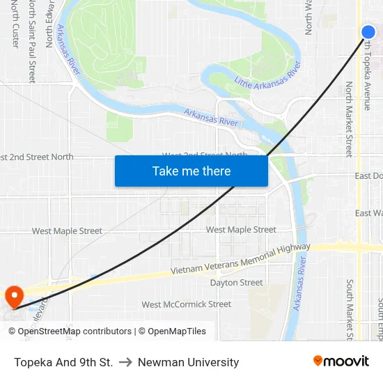 Topeka And 9th St. to Newman University map