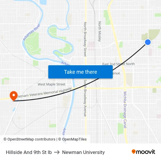 Hillside And 9th St Ib to Newman University map