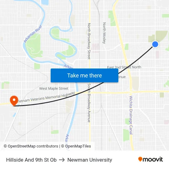 Hillside And 9th St Ob to Newman University map
