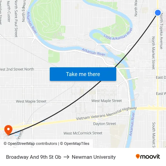 Broadway And 9th  St Ob to Newman University map