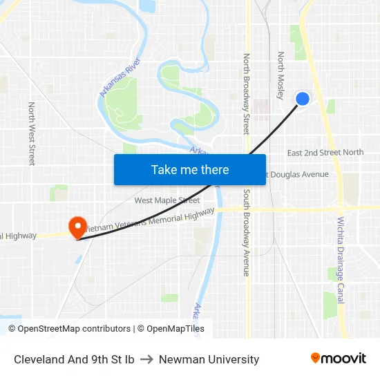 Cleveland And 9th St Ib to Newman University map