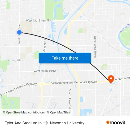 Tyler And Stadium Ib to Newman University map
