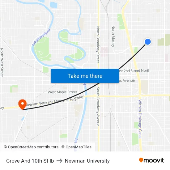 Grove And 10th St Ib to Newman University map