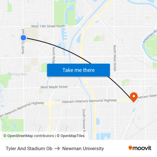 Tyler And Stadium Ob to Newman University map