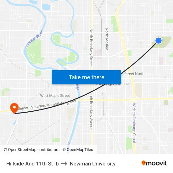 Hillside And 11th St Ib to Newman University map
