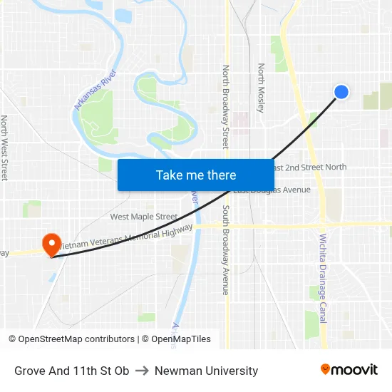 Grove And 11th St Ob to Newman University map