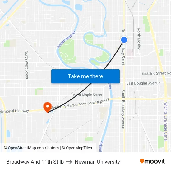 Broadway And 11th  St Ib to Newman University map