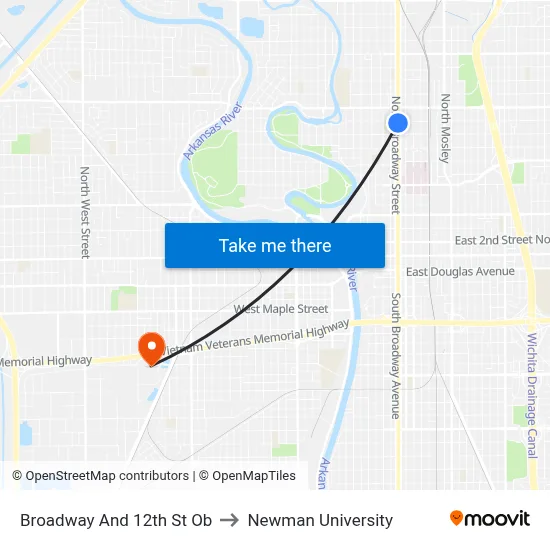Broadway And 12th St Ob to Newman University map