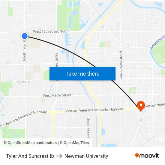 Tyler And Suncrest Ib to Newman University map