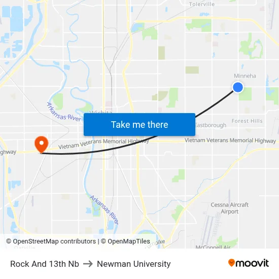 Rock And 13th Nb to Newman University map