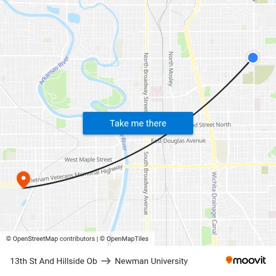 13th St And Hillside Ob to Newman University map