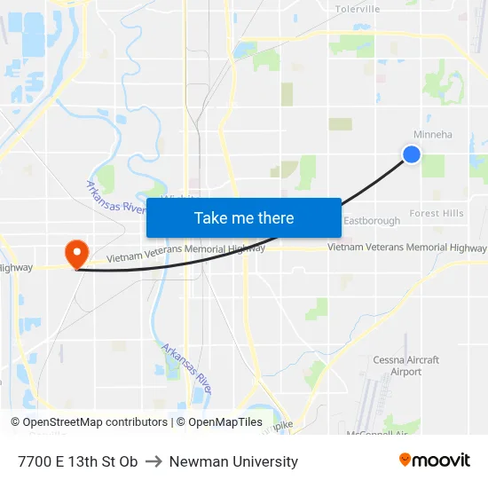 7700 E 13th St Ob to Newman University map