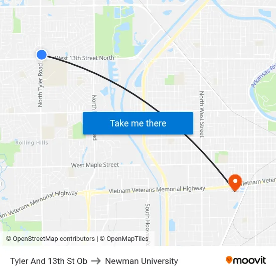 Tyler And 13th St Ob to Newman University map