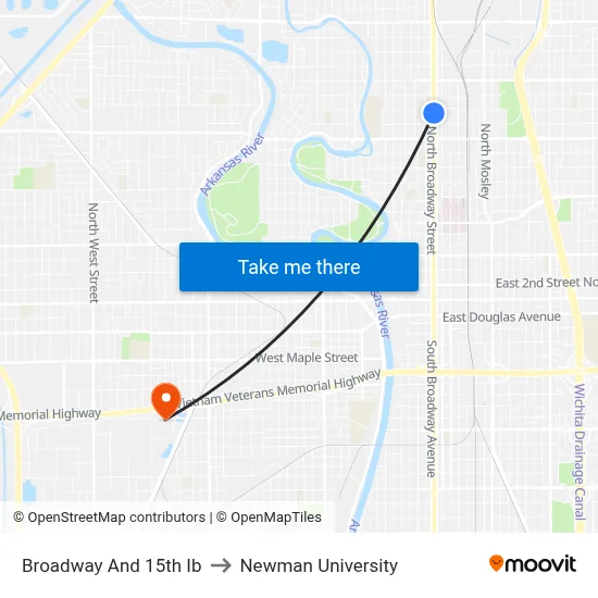 Broadway And 15th Ib to Newman University map