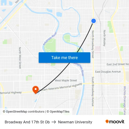 Broadway And 17th St Ob to Newman University map