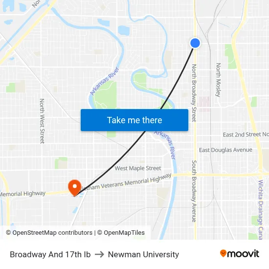 Broadway And 17th Ib to Newman University map
