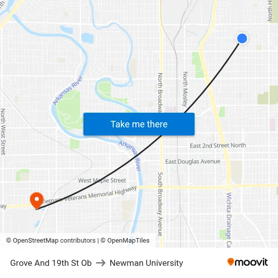 Grove And 19th St Ob to Newman University map
